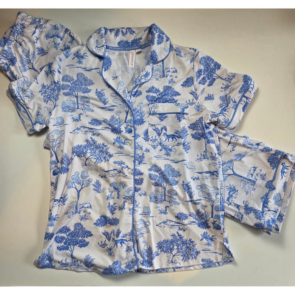 Joyspun Womens Blue White Toile Fox Pajama Set XS Button Up Sleepwear Very Soft